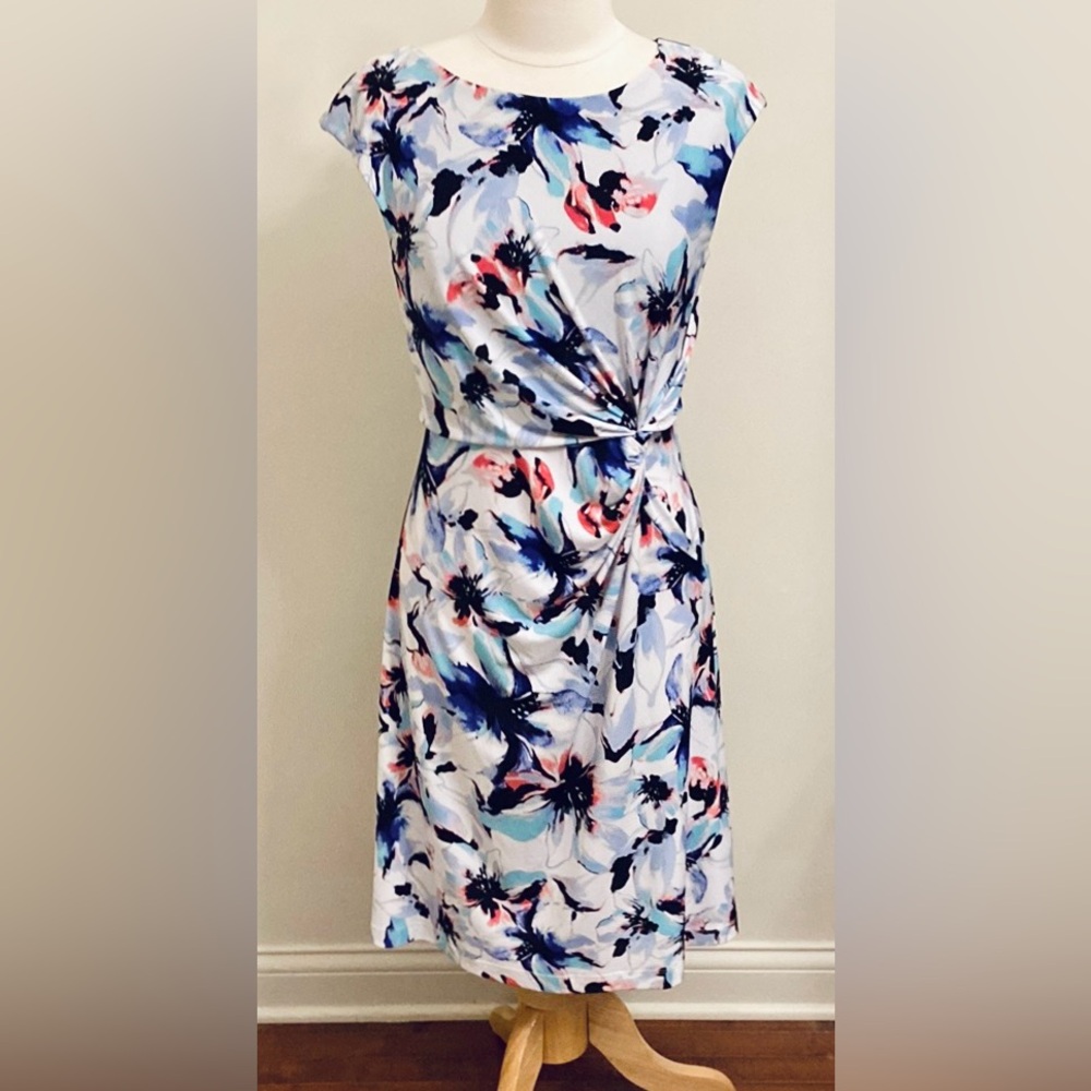 212 Collection White Purple Pink Floral Sleeveless Ruched Side Dress Size M